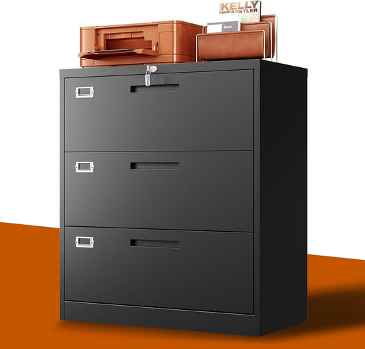 Lateral File Cabinet with Lock,Metal Filing Cabinet with 3 Drawer,Steel Lateral File Cabinet for Legal/Letter A4 Size,Wide File Cabinet for Office Home,Assembly Required-0
