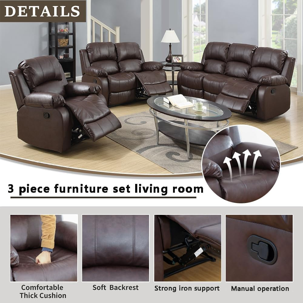 Luxury Recliner Sofa Living Room Set Reclining Sofa and Loveseat Chair Sets Living Room Furniture Sets Recliner Couches for Living Room/Office (A-Brown Leather, 3 Piece Set)-2