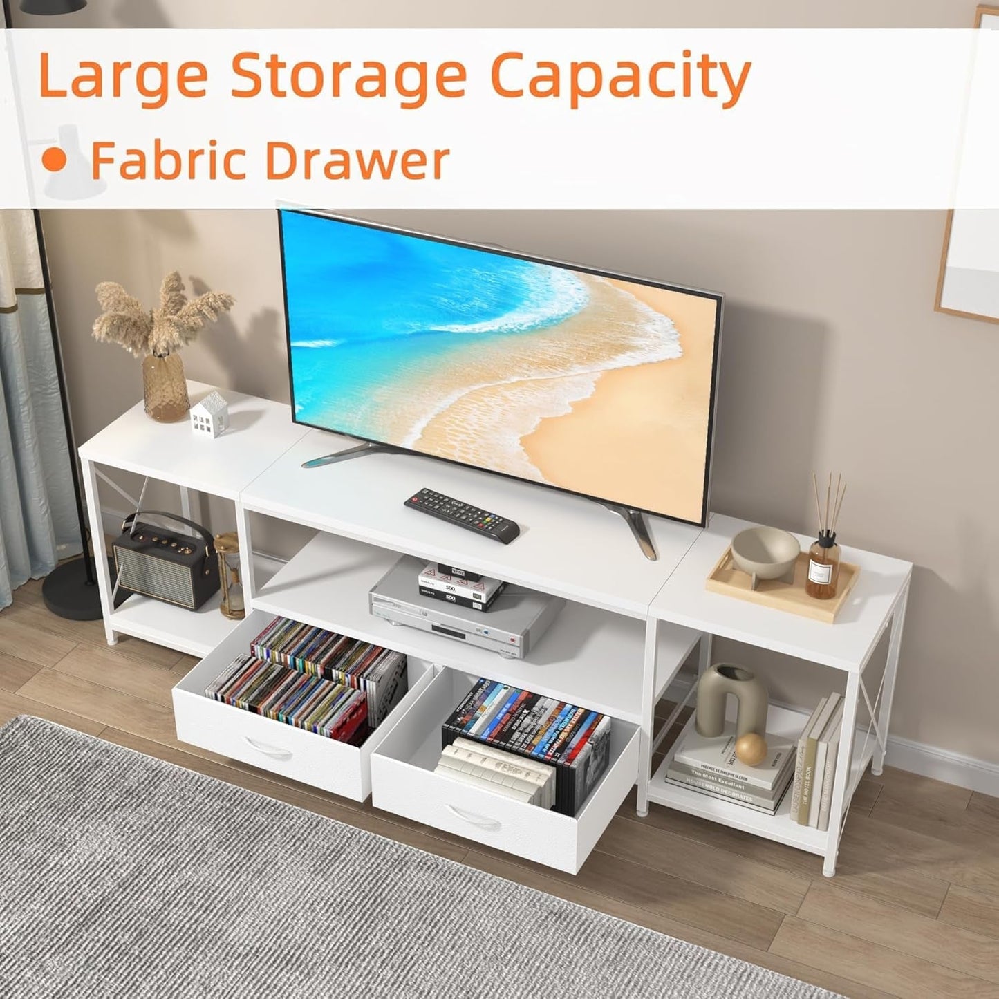 TV Stand with Fabric Drawers for 55 60 65 Inches TV - Entertainment Center and Industrial TV Console Table with Open Storage Shelves for Living Room, Bedroom - 55.1" White-2