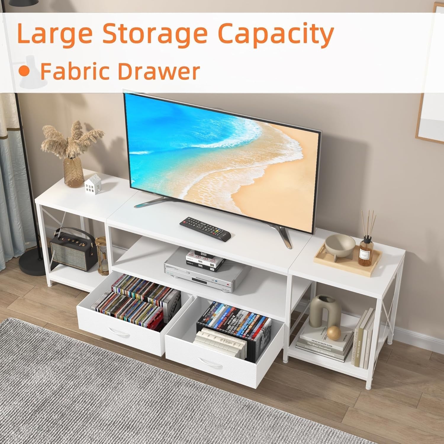 TV Stand with Fabric Drawers for 55 60 65 Inches TV - Entertainment Center and Industrial TV Console Table with Open Storage Shelves for Living Room, Bedroom - 55.1" White-2