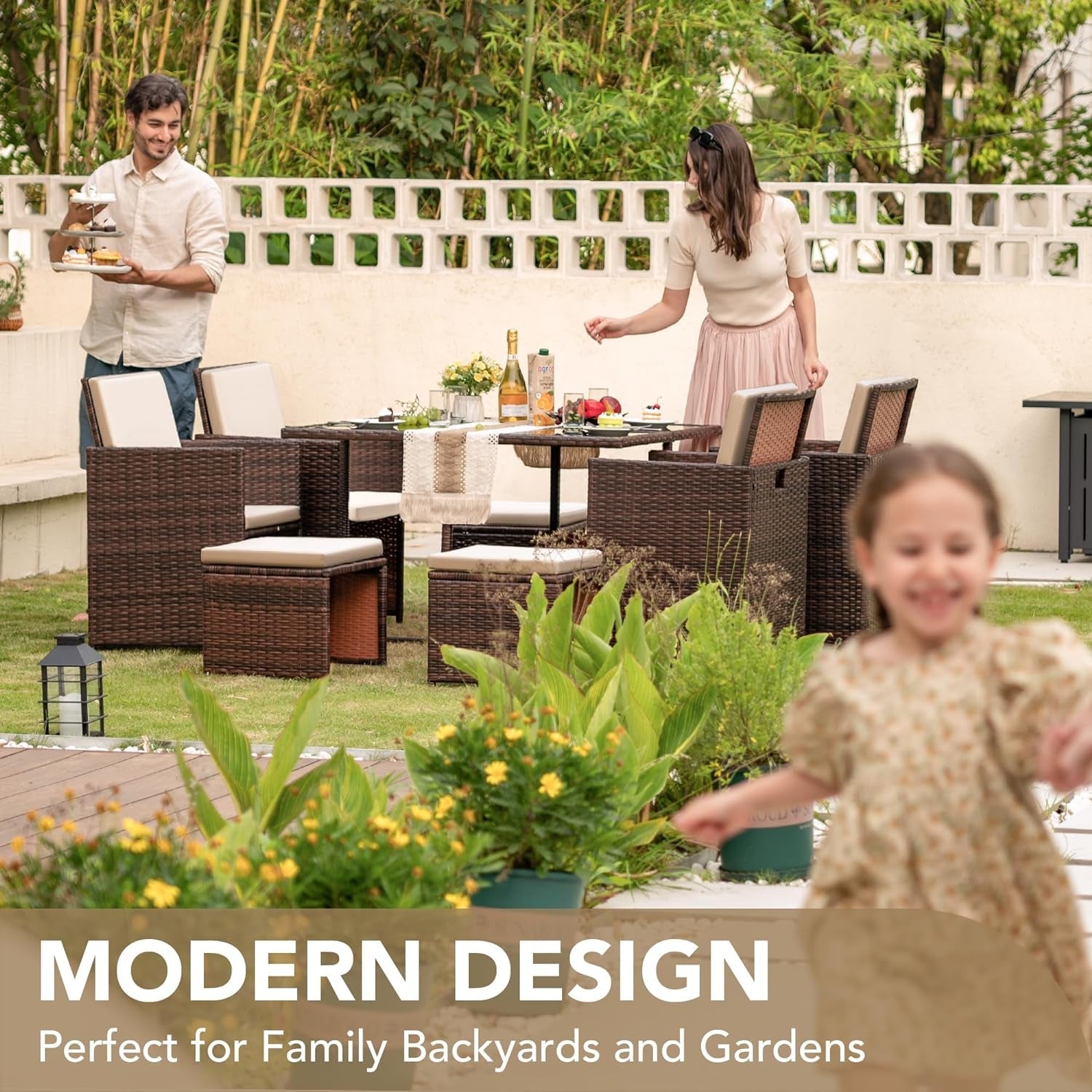 9 Pieces Patio Dining Sets Outdoor Space Saving Rattan Chairs with Glass Table Patio Furniture Sets Cushioned Seating and Back Sectional Conversation Set (Beige)-4