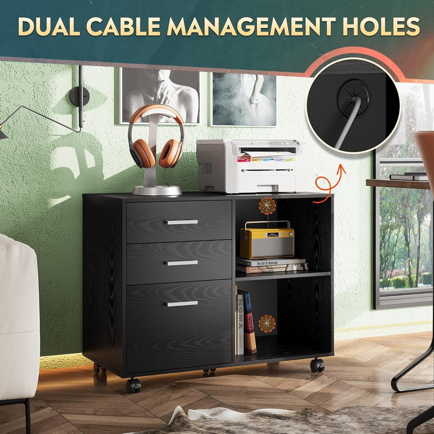 3 Drawer Mobile File Cabinet, Wood Lateral Filing Cabinet, Printer Stand with Open Shelves for Home Office, Black-2