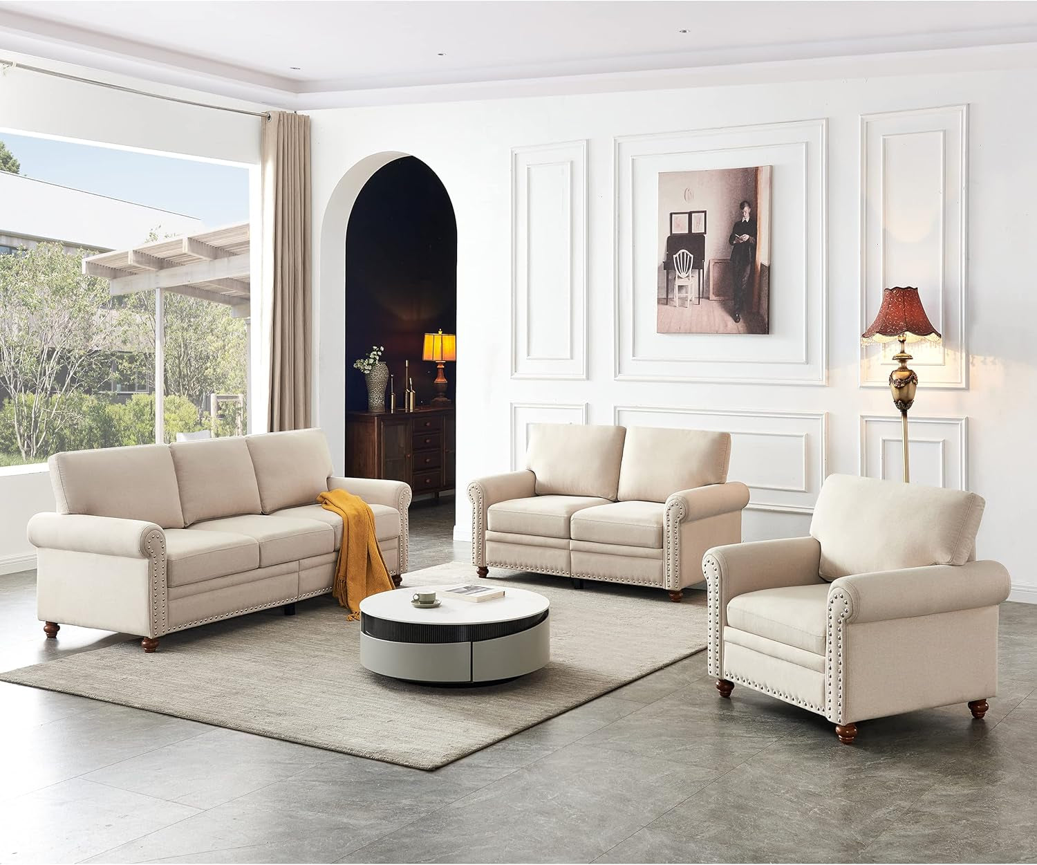 3-Piece Sofa Set 1+2+3 Secional Sofa Couch Set Living Room Sets with Storage Space & Solid Wood Legs Linen Upholstered Couch, Loveseat and Chair Set for Living Room (Beige)-0