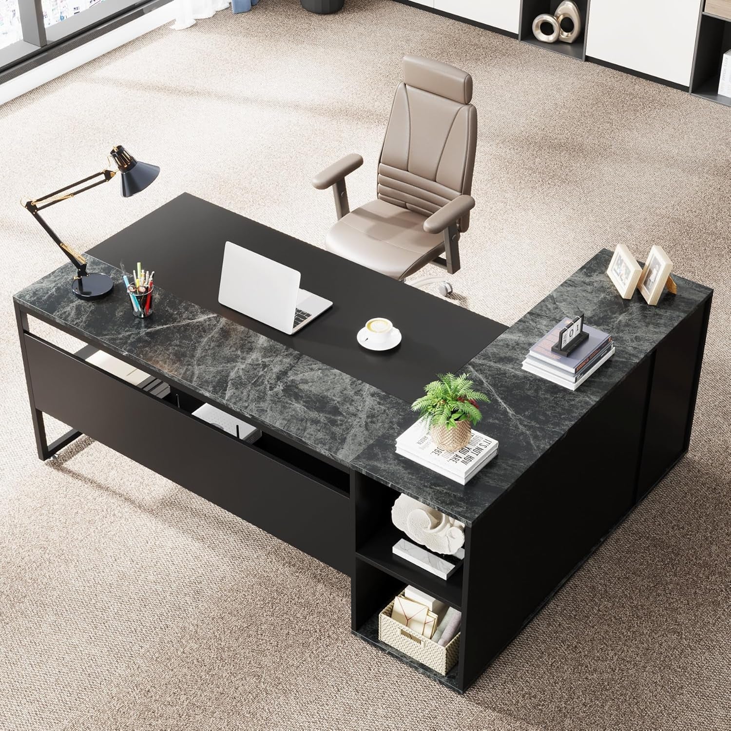 71 Inch Executive Desk, L Shaped Desk with Cabinet Storage, Executive Office Desk with Shelves, Business Furniture Desk Workstation for Home Office, Black-2