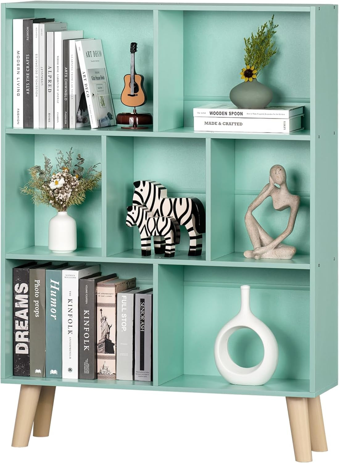 7 Cube Bookshelf 3-Tier Bookcase with Legs, Mint-Green Kids Book Shelf Cute Storage Organizer, Toy Shelves Bookshelves,Wood Display Bookcases-0