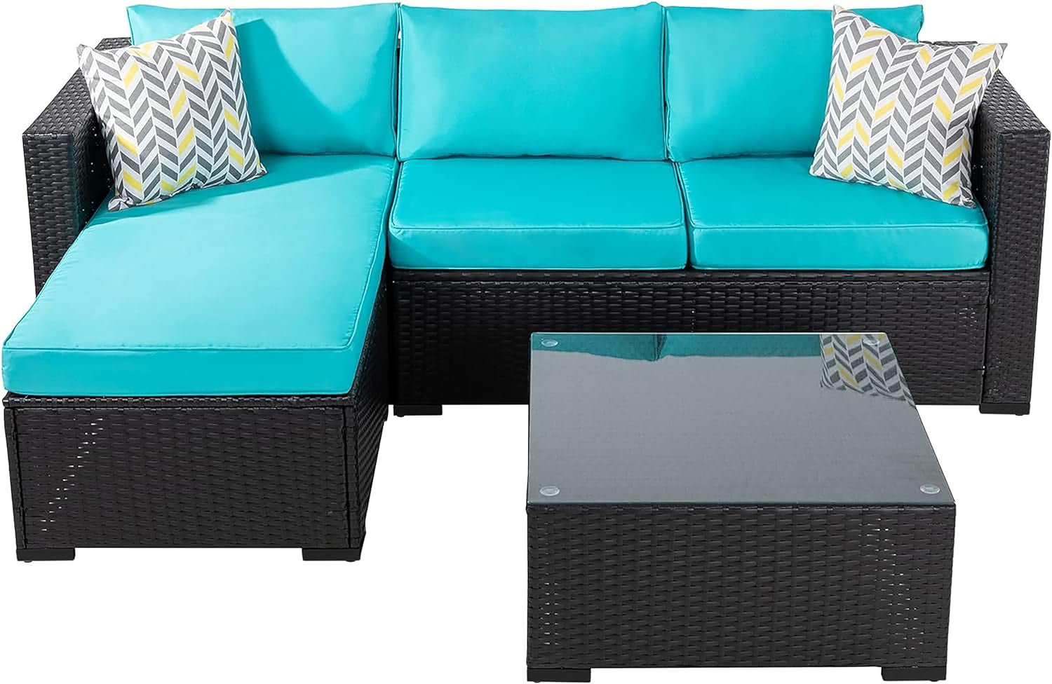 Outdoor Wicker Patio Sofa Set, Black All-Weather Rattan Small Sectional Patio Set and Chaise Lounge W/ Glass Coffee Table and Washable Couch Cushions Patio Conversation Set (3 Piece,Blue)-0