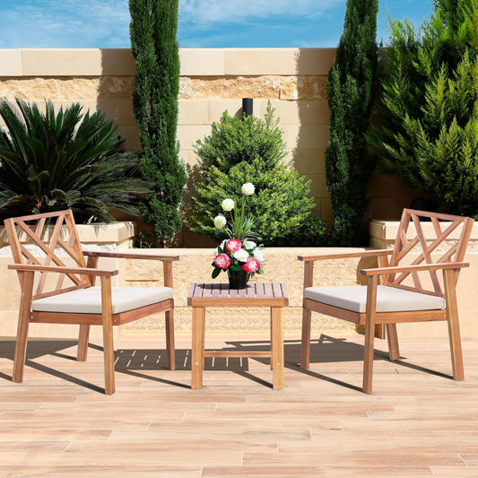 3 Piece Outdoor Patio Furniture Set, Wooden Conversation Patio Set with Padded Cushion Chairs and Coffee Table, Acacia Wood Lounge Conversation Set for Porch Balcony Deck Backyard-0