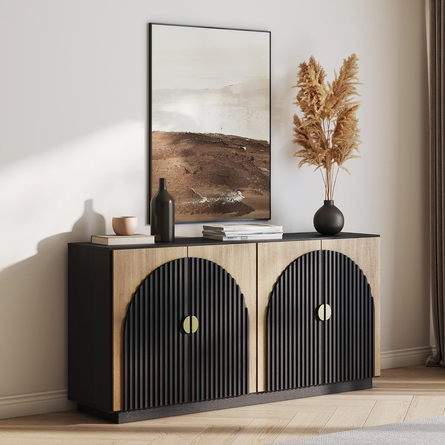 65 Inch Fluted Buffet Cabinet with Storage, Symmetrical Arc Accent Sideboard Large Console Table for Dining Room, Kitchen, and Living Room (Camel)-2