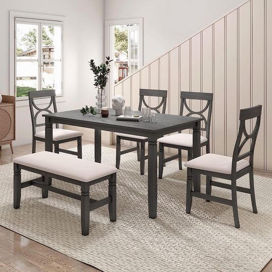 6-Piece Wood Dining Table Set with Upholstered Bench and 4 Chairs-0