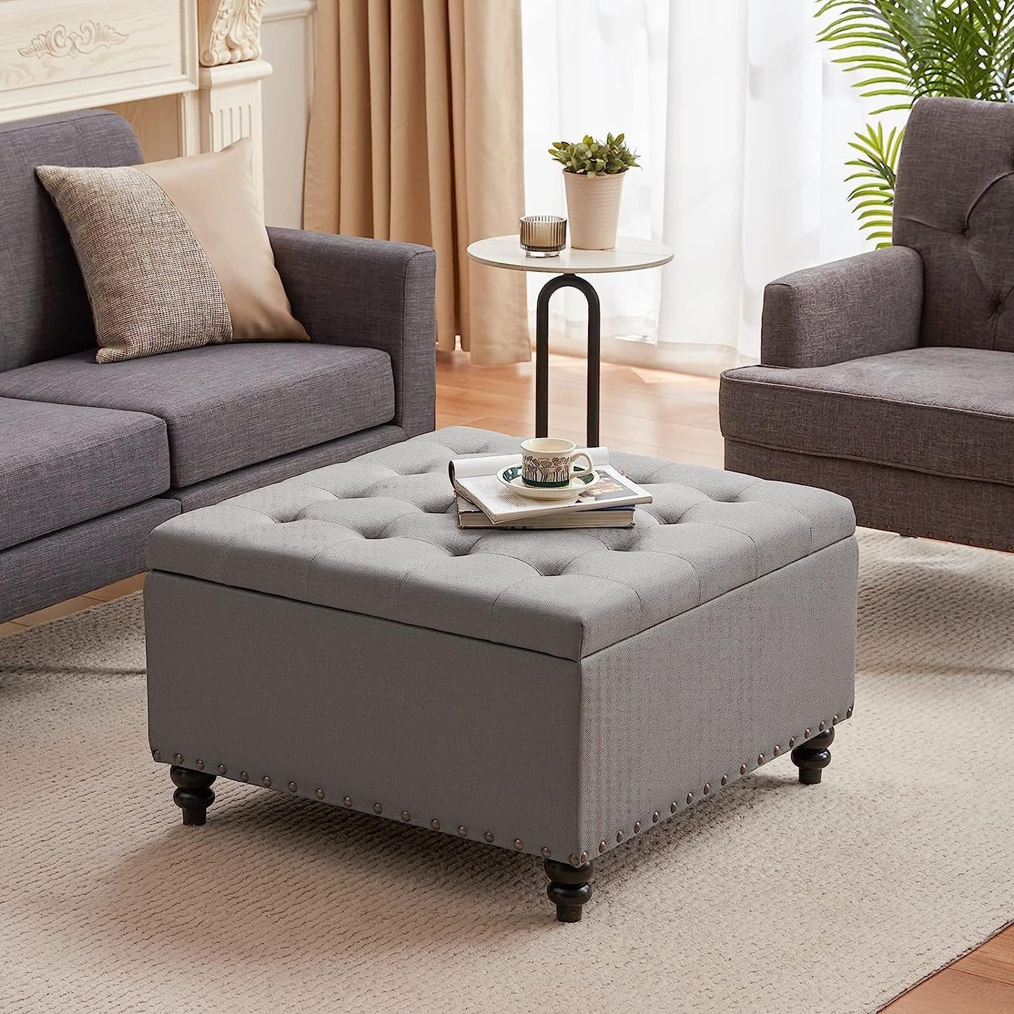 Grey Tufted Ottoman with Storage for Living Room-0