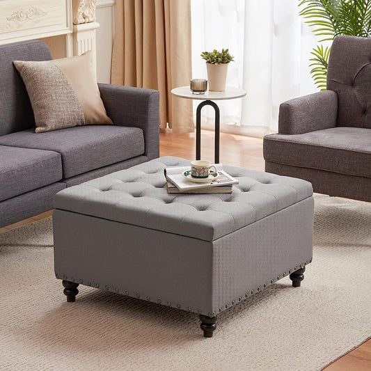 Grey Tufted Ottoman with Storage for Living Room-0