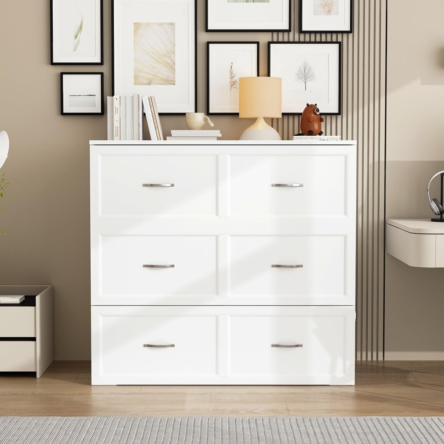 White Twin Murphy Bed Chest Charging Drawer-3