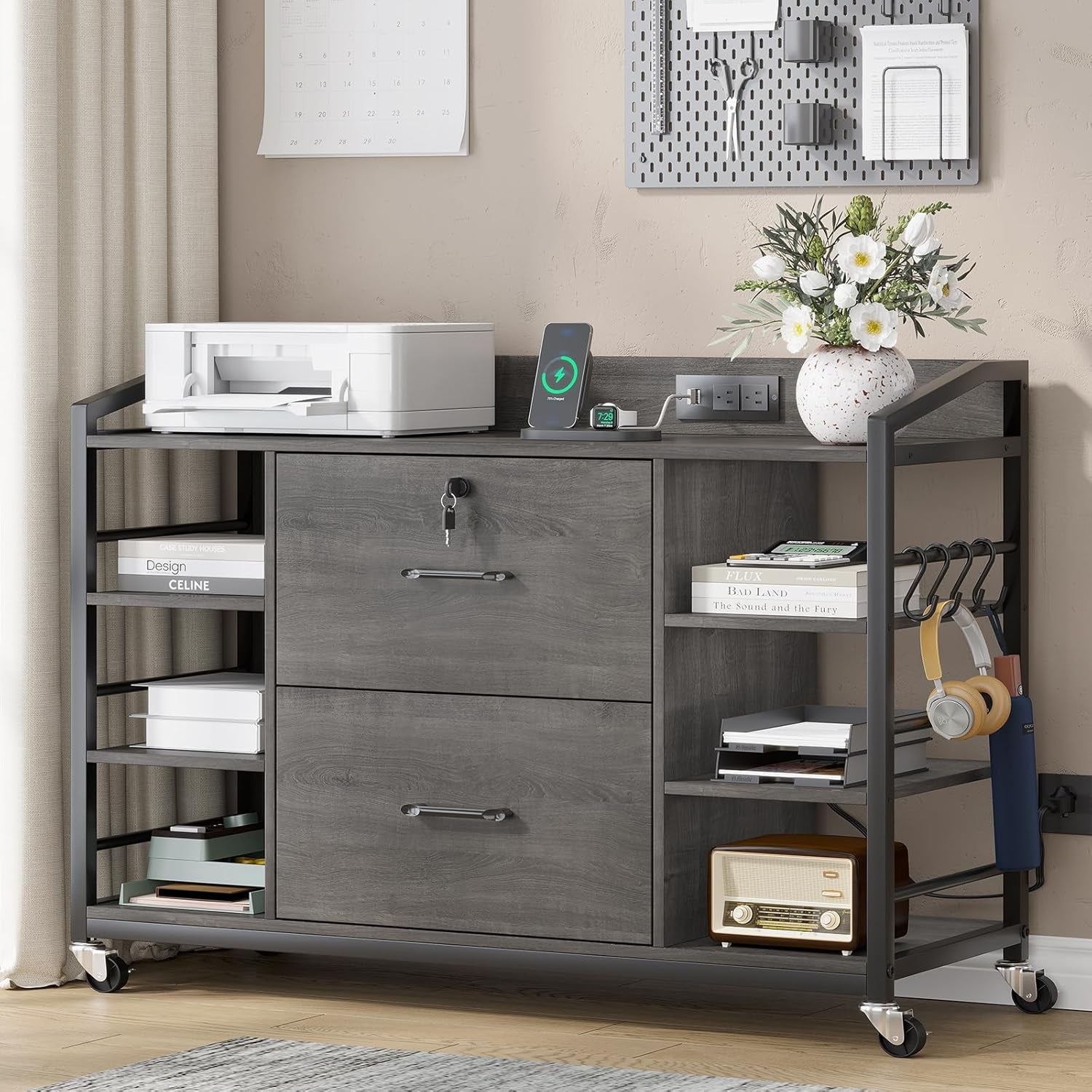 44" File Cabinet, Filing Cabinet Fits Legal/Letter Size, 2 Drawer File Cabinets for Home Office with Lock, Power Strip, 6 Storage Shelves, Grey-0