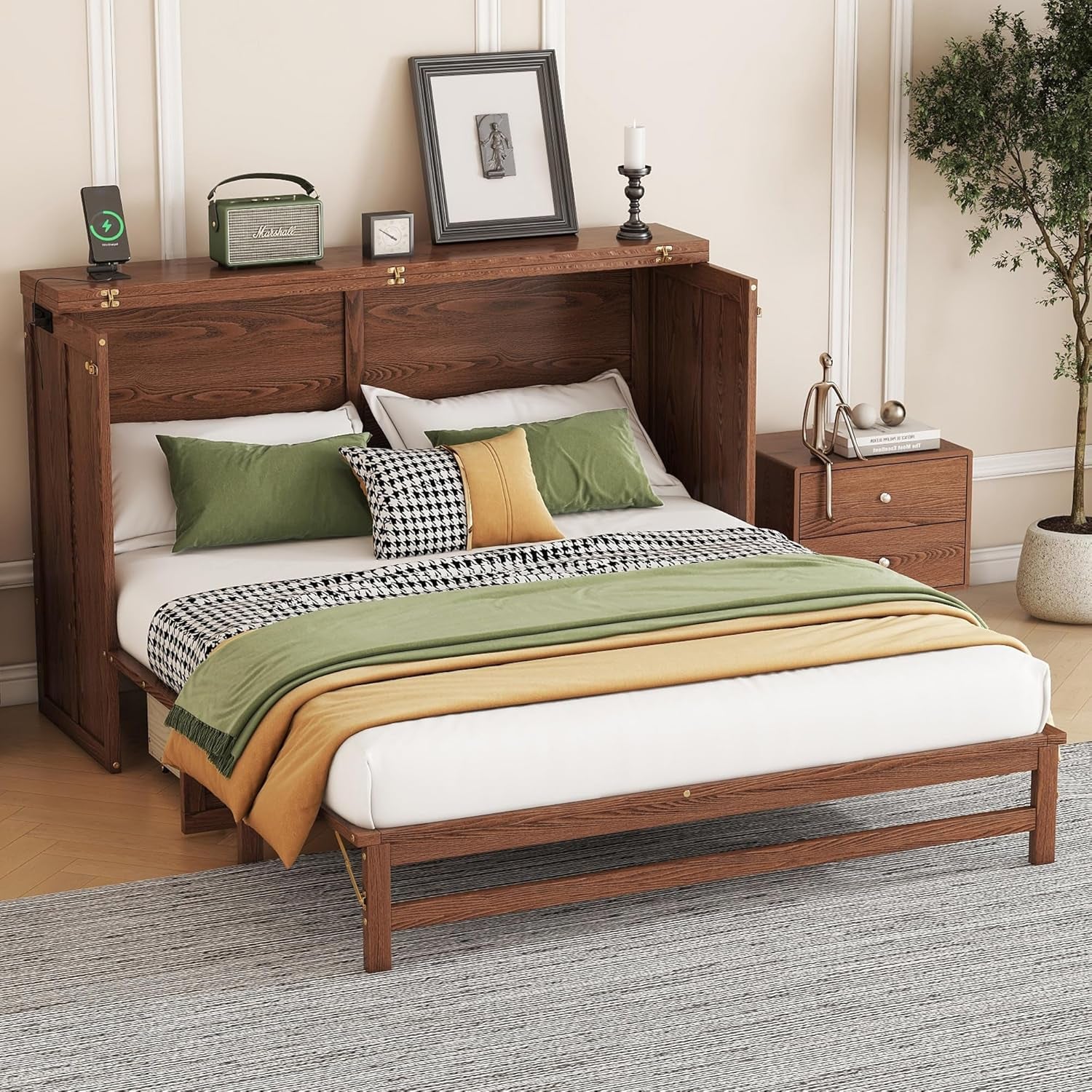 Walnut Queen Murphy Bed Cabinet USB Charging-3