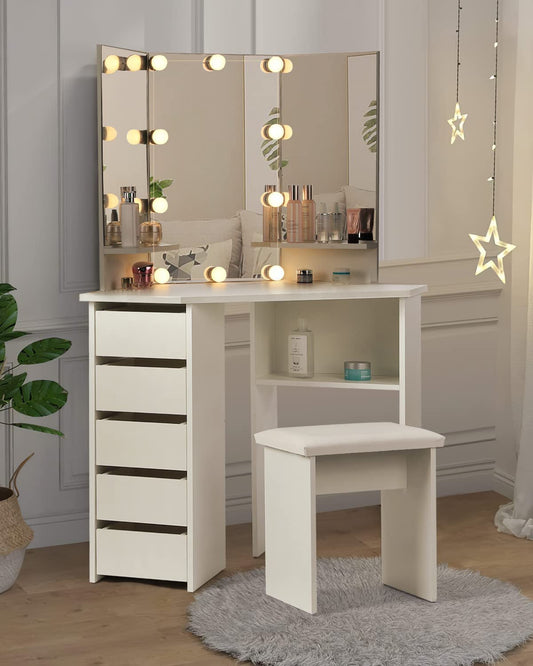 Vanity Desk Set with Lighted Mirror & Shelves-0