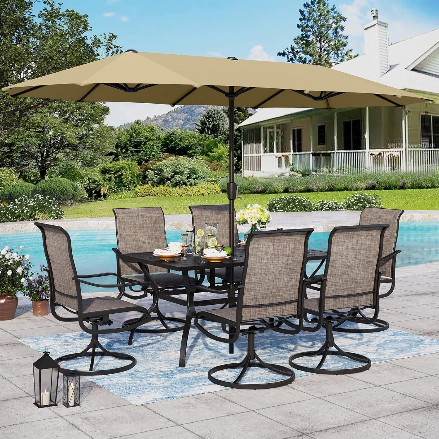 Patio Set with Umbrella 8 Pieces Outdoor Dining Set for 6 with 13Ft Double-Sided Patio Umbrella Beige, 6 X Swivel Patio Chairs, 1 Metal Table for Lawn Garden-0