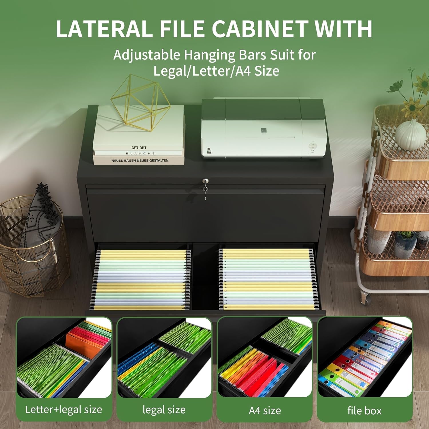 Lateral File Cabinet with Lock,2 Drawer Metal Filing Cabinets, Home Office Storage Cabinet for Hanging Files Letter/Legal/F4/A4 (Black)-4