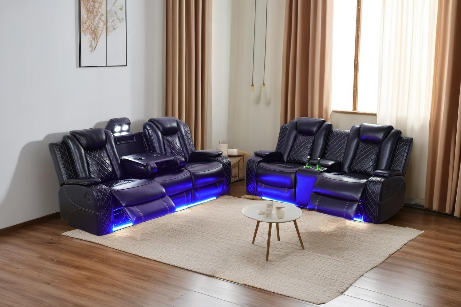 Power Leather Recliner Sofa Sets, 2 Pieces Living Room Furniture Sets with LED Lights, Grey Reclining Sofa Sets with USB Port for House/Office/Rv(C-Black, Sofa+Loveseat)-0