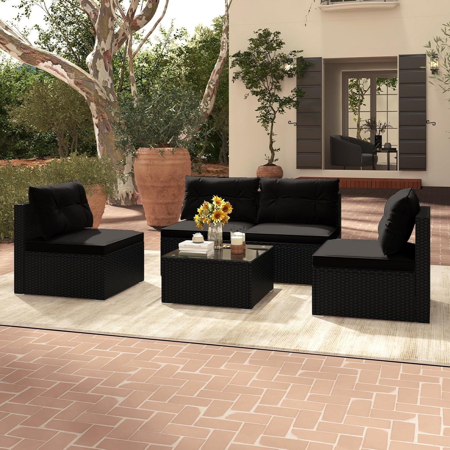 5-Piece Outdoor Patio Furniture Set, Rattan Sectional Sofa Set W/Glass-Top Coffee Table, Soft Seat & Back Cushions, Bistro Set for Garden Backyard Porch, Wicker Conversation Set (Black)-0