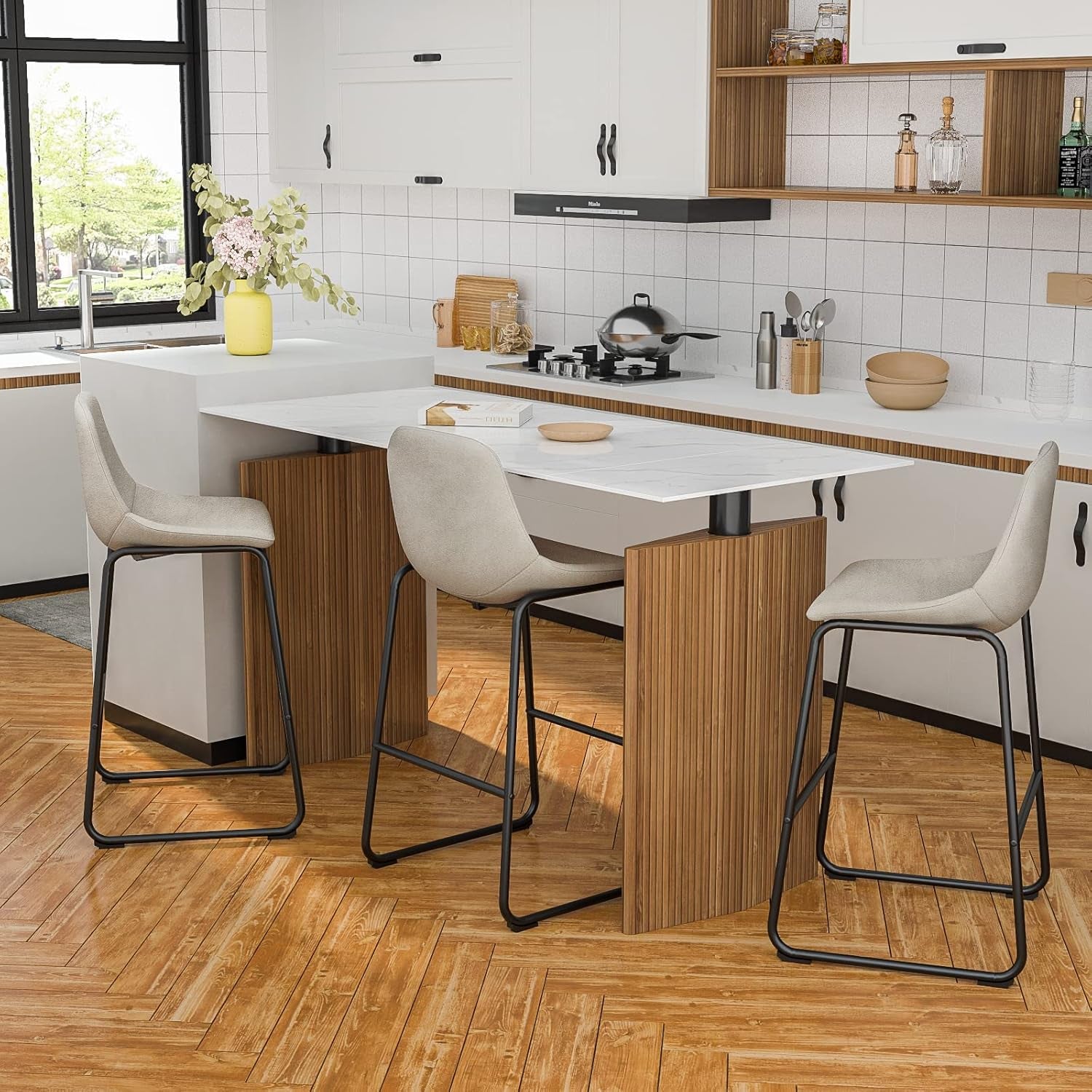 Pu Faux Leather Bar Stools Set of 2, Industrial Pub Barstools with Back and Footrest, Modern Armless Bar Height Stool Chairs (Beige, 30" Barstool X2)-1