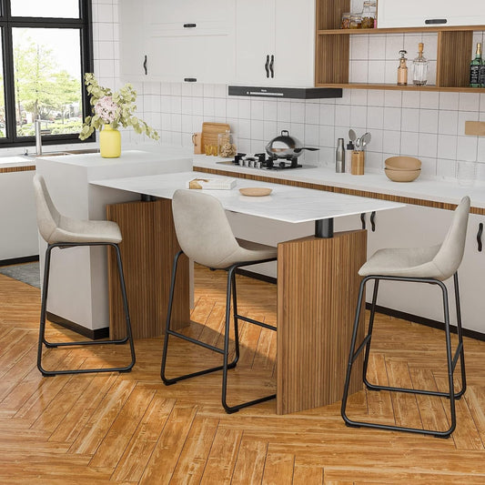 Pu Faux Leather Bar Stools Set of 2, Industrial Pub Barstools with Back and Footrest, Modern Armless Bar Height Stool Chairs (Beige, 30" Barstool X2)-1