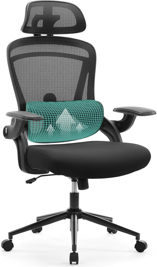 Ergonomic Mesh Office Chair, High Back Desk Chair with 2D Headrest, Up&Down Lumbar Support, Swivel Computer Task Chair with Adjustable Flip-Up Armrests,Black-0