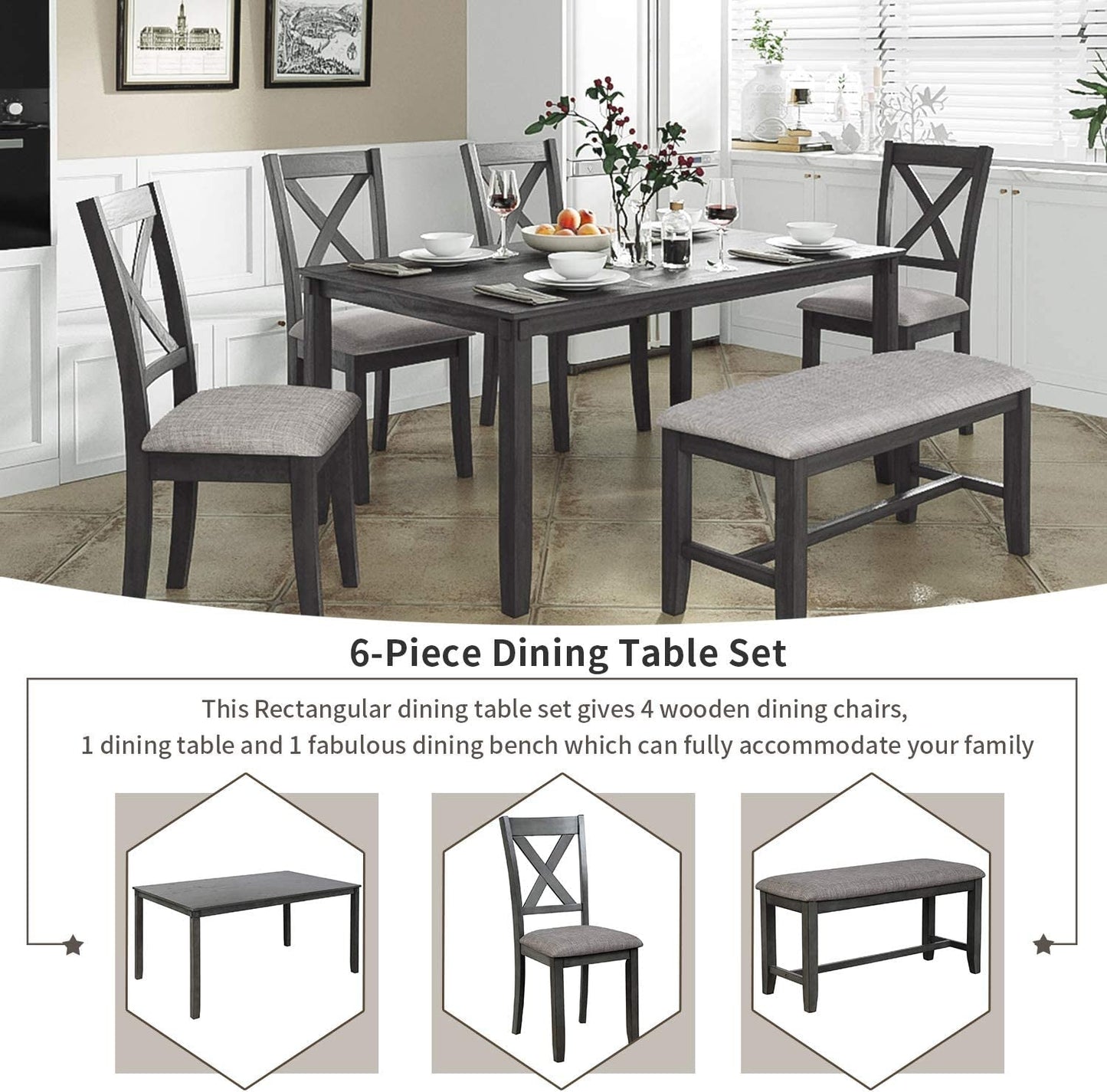 Grey Wooden Rectangular Dining Table Set of 6-3