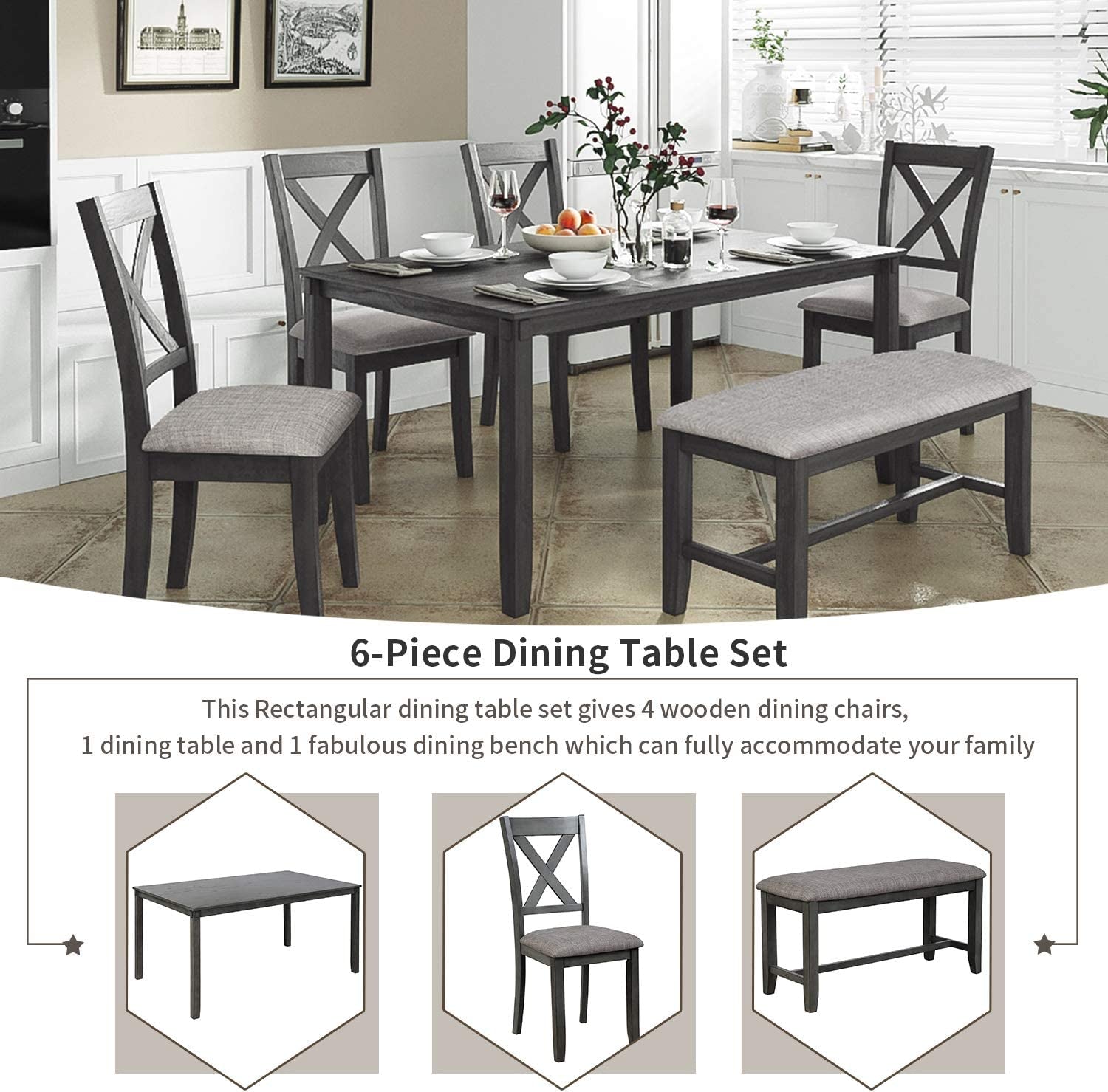 Grey Wooden Rectangular Dining Table Set of 6-3