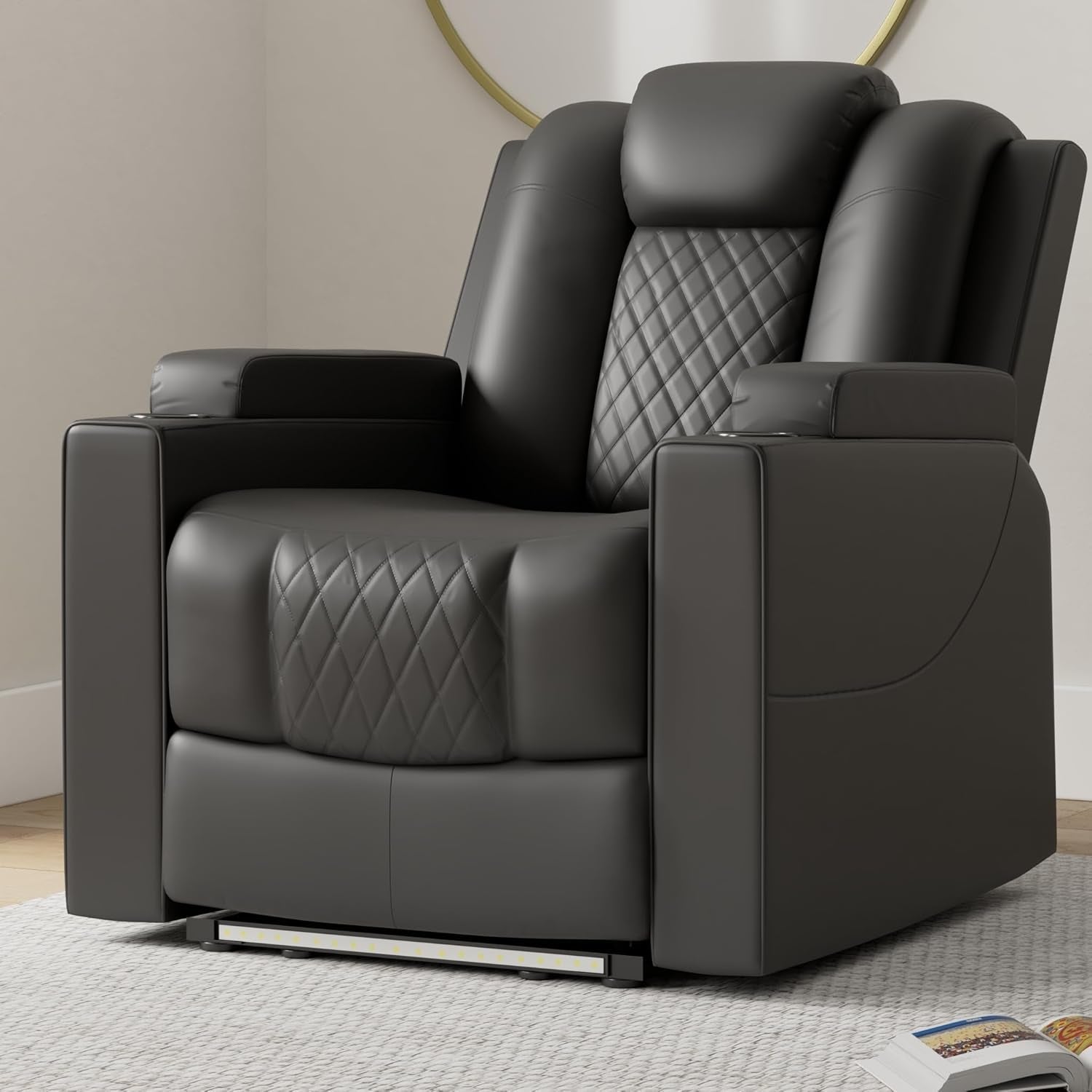 Power Recliner Chair PU Leather Electric Massage Recliner Sofa for Living Room Home Theater Seating with Cup Holders and LED Lighting (Black)-1