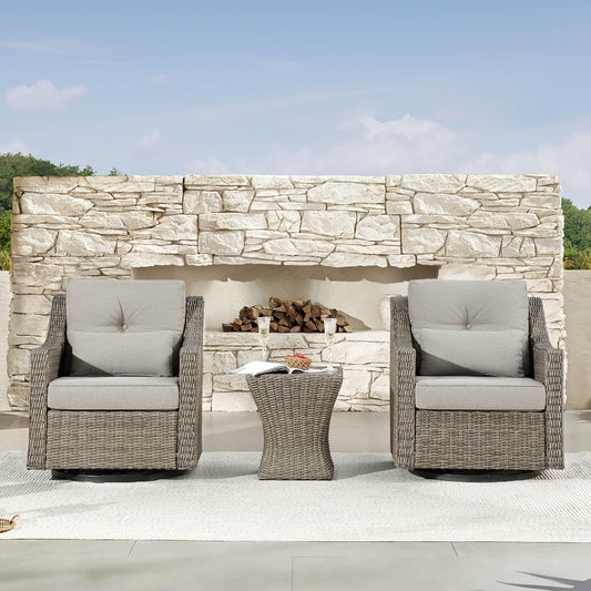 3 Pieces Wicker Patio Bistro Set, Outdoor Furniture Set with 2 Pieces Rattan Rocking Swivel Chairs, Thickened Cushions and Side Table, Brownish Grey Cushions with Grey Wicker-0