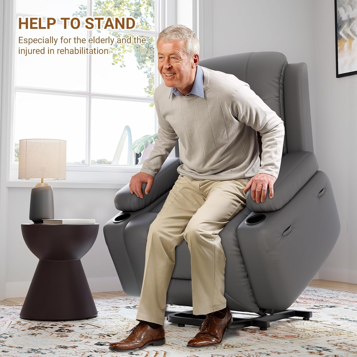 Power Lift Recliner Chair PU Leather with Massage for Elderly Ergonomic Lounge Chair Classic Single Sofa with 2 Cup Holders Side Pocket (Gray, 22" Seat Width + Cup Holder)-1