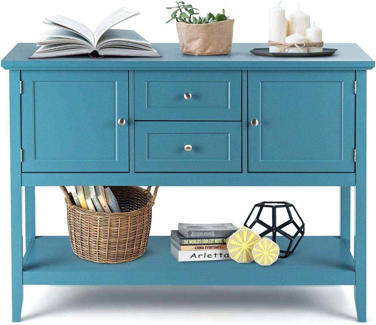 Aqua Wood Buffet Sideboard with Cabinets and Drawers-2