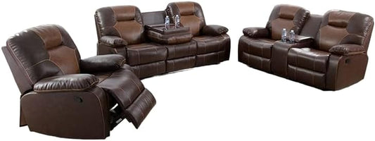 Manual Reclining Living Room Furniture, Bonded Leather Sofa W/Drop-Down Console, Loveseat W/Storage Console, Chair for Living Room/House/Bedroom/Office/Apartment (Brown, 3 Pieces)-0