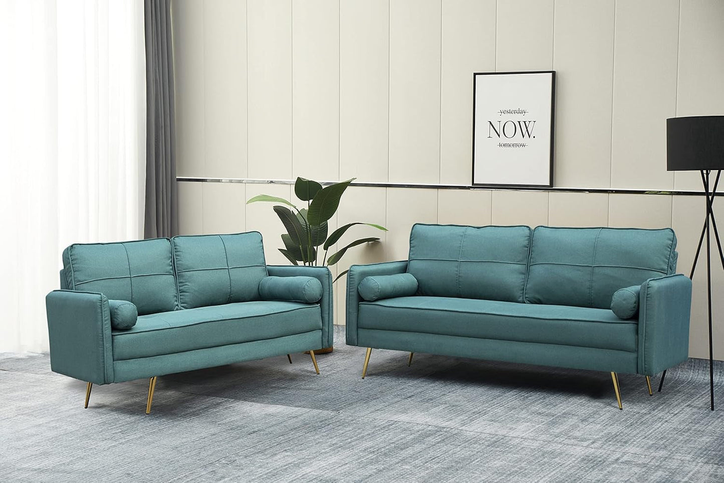 Modern 2 Piece Sofa Set Velvet Loveseat & Sofa Set with Bolsters & Metal Legs for Living Room - Green-3