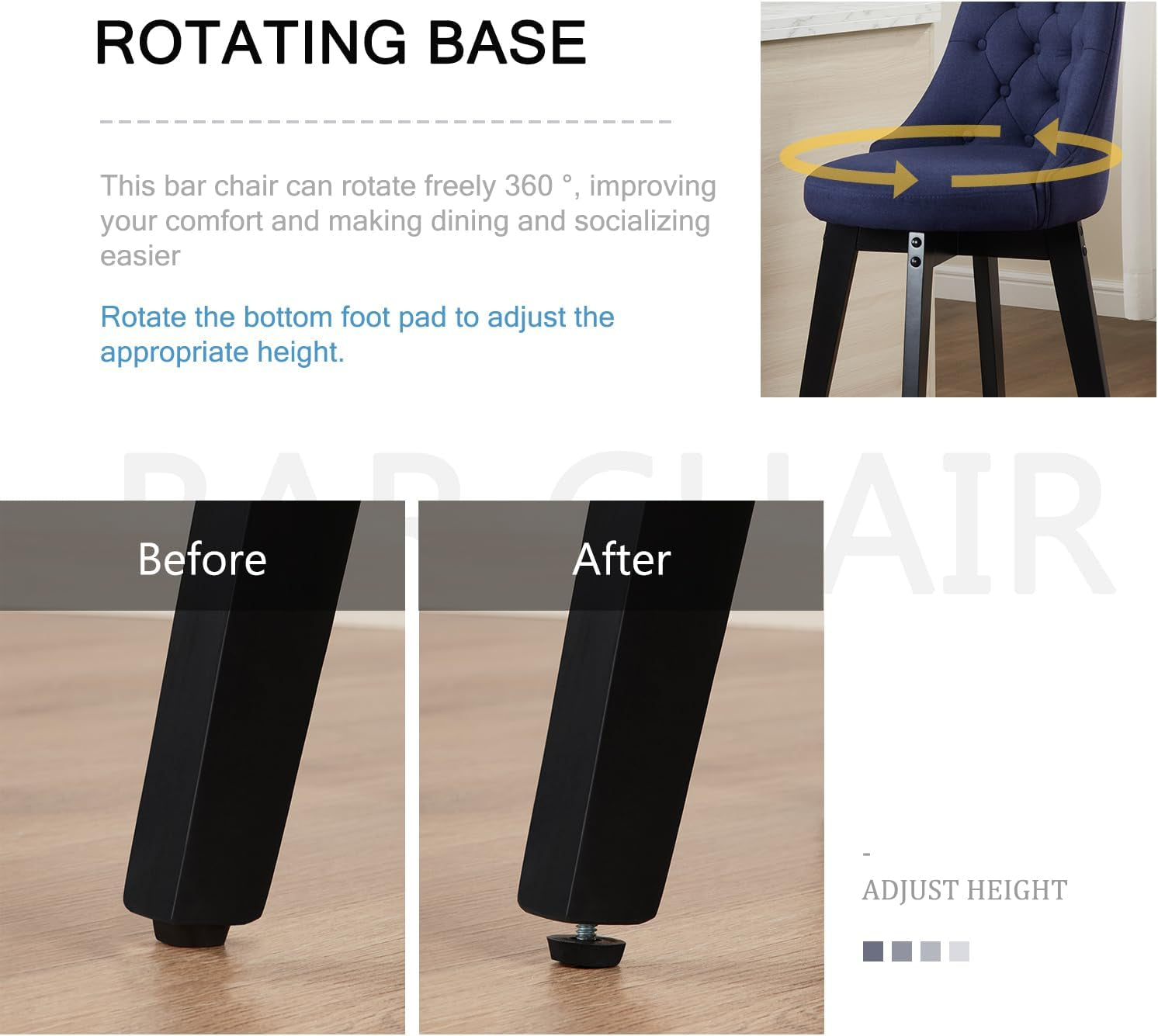 Swivel Bar Stools Set of 4, Linen Counter Height Bar Stools with Back, Wooden Bar Stools for Kitchen Island, Upholstered Bar Stools (Navy Blue)-4