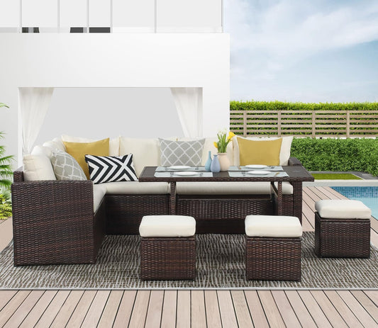 Patio Furniture Set, 7 Piece Outdoor Dining Sectional Sofa with Dining Table and Chair, All Weather Wicker Conversation Set with Ottoman, Brown-0