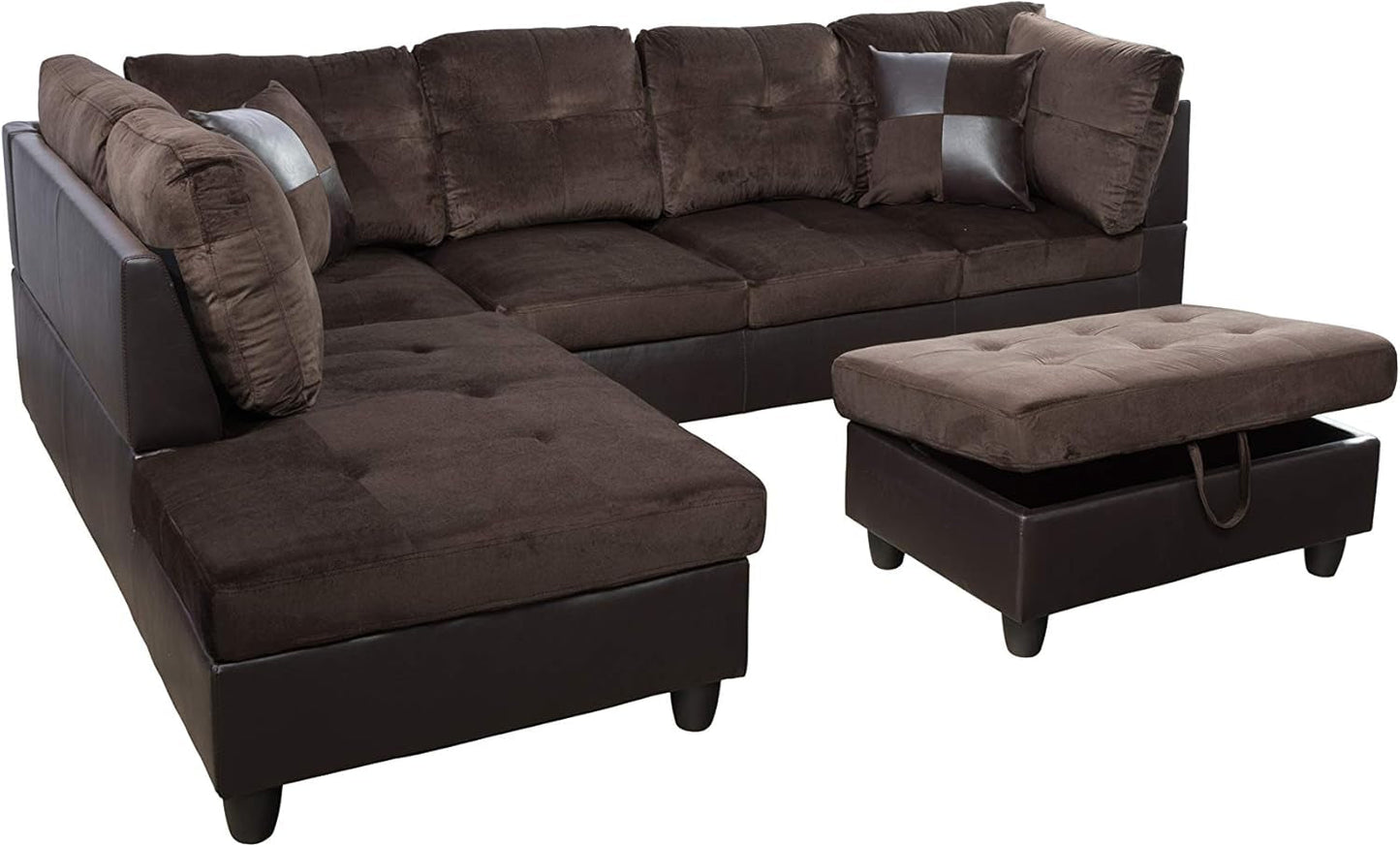 3-Piece Contemporary Sectional Sofa with Chaise and Storage Ottoman for Living Room Furniture | Faux Leather & Microfiber Upholstery|Removable High Density Memory Foam Cushions (Chocolate,Left-Facing)-2