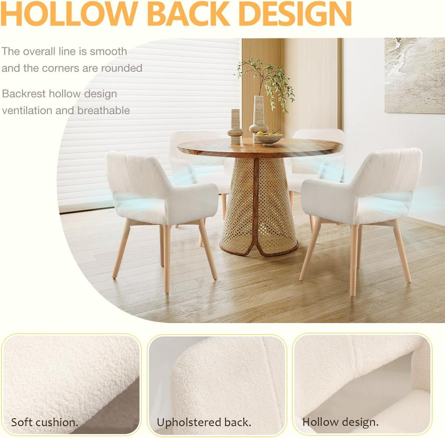 Mid Century Modern Dining Chairs Set of 2 & 4 & 6 Comfy Accent Chair Upholstered Kitchen Dining Living Room Chairs for Bedrooms Waiting Room Home Arm Desk Chair No Wheels (Wool White, 2)-4