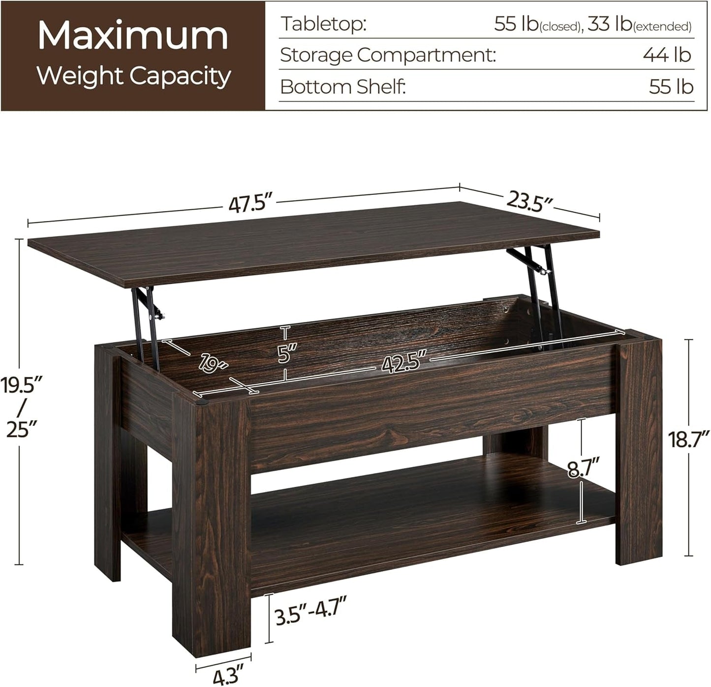 Lift Top Coffee Table with Hidden Compartment and Storage Shelf, Rising Tabletop Dining Table for Living Room Reception Room, 47.5In L, Espresso-2