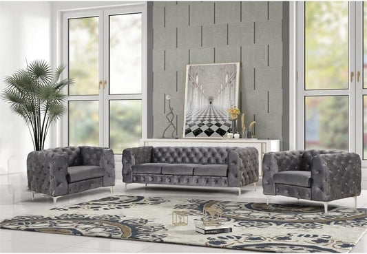 Sofa and Two Chairs Velvet Fabric Living Room Furniture Set-Gray-0