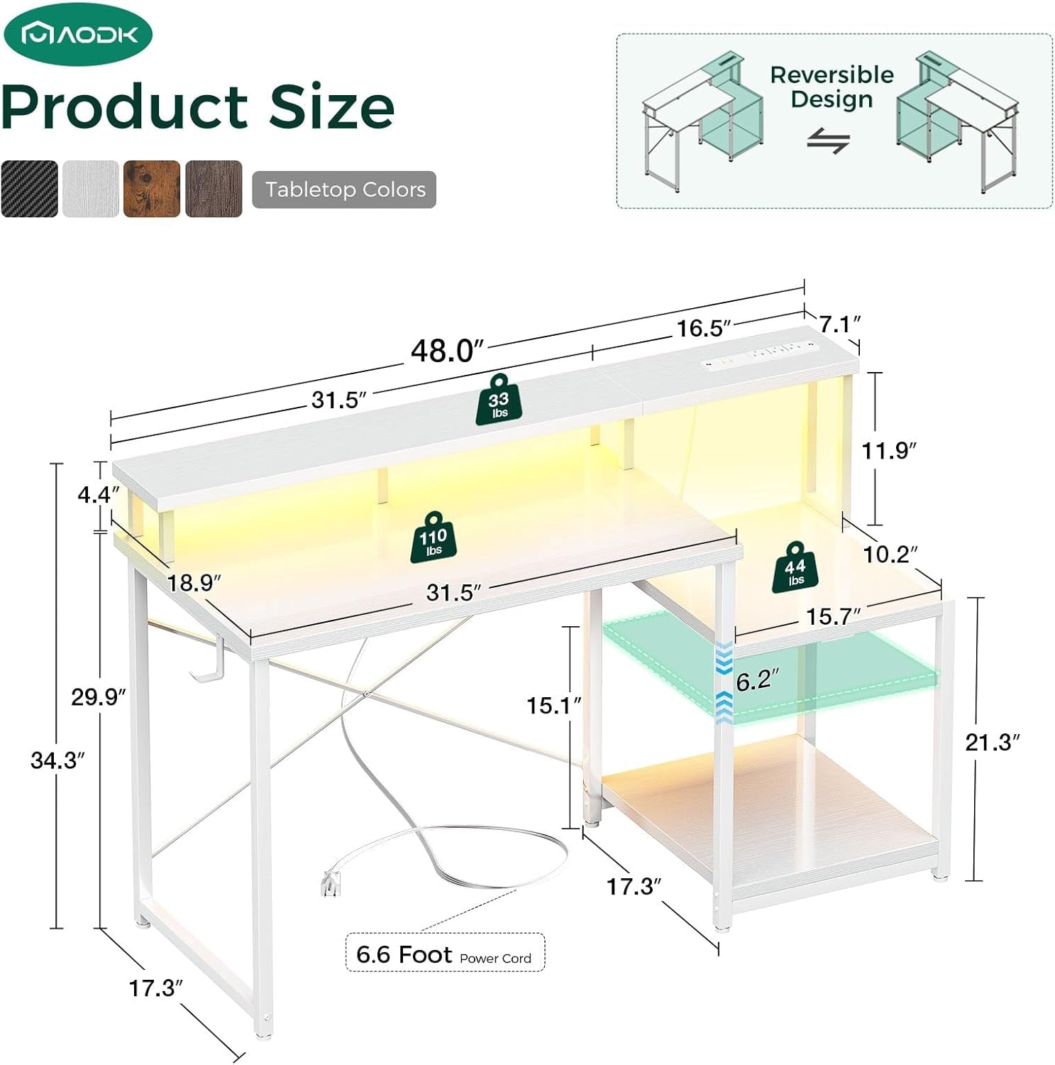 Computer Desk, 48 Inch Gaming Desk with Led Lights & Power Outlet, Office Desk with Printer Storage Shelves, Reversible Desk with Monitor Shelf & Headphone Hook, White-2