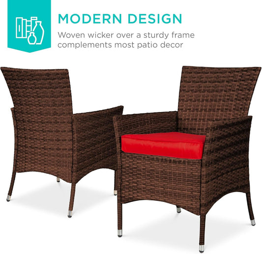 5-Piece Indoor Outdoor Wicker Dining Set Furniture for Patio, Backyard W/Square Glass Tabletop, Umbrella Cutout, 4 Chairs - Red-1