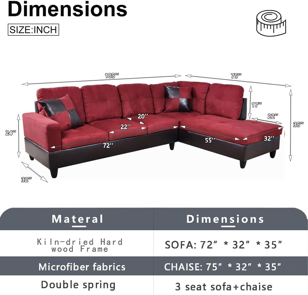 2 Pieces Sectional Sofa Sets, L-Shape Sofa Microfiber Couch Living Room Sofa Set with Chaise Using for Living Room Furniture(A-Red, Right Hand Facing)-1