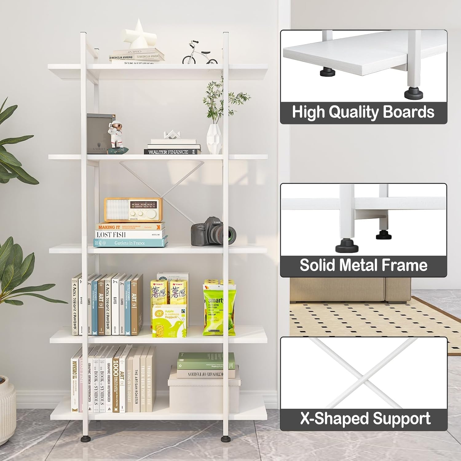 Bookshelf 5 Tiers White Wooden Storage Shelf,Modern Open Display Storage Bookcase Book Organizer,Metal Bookshelf Standing Storage Shelf Tall Shelving Units for Home Office Study-3