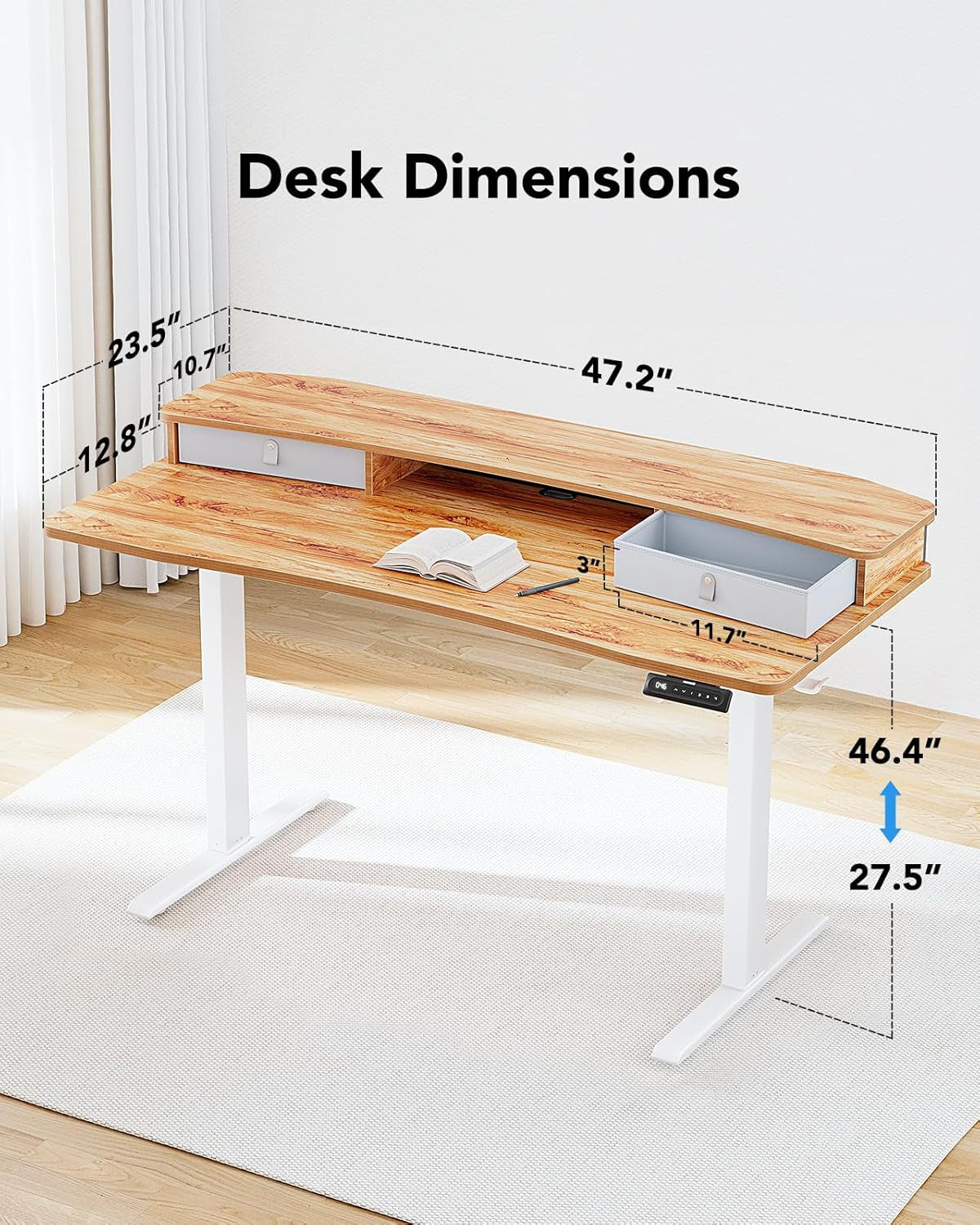 48″ X 24″ Electric Standing Desk with 2 Drawers, C-Clamp Mount Compatible, Height Adjustable Computer Desk, Home Office Stand up Desk with 4 Preset Heights & 2 Hooks, Light Vintage-2