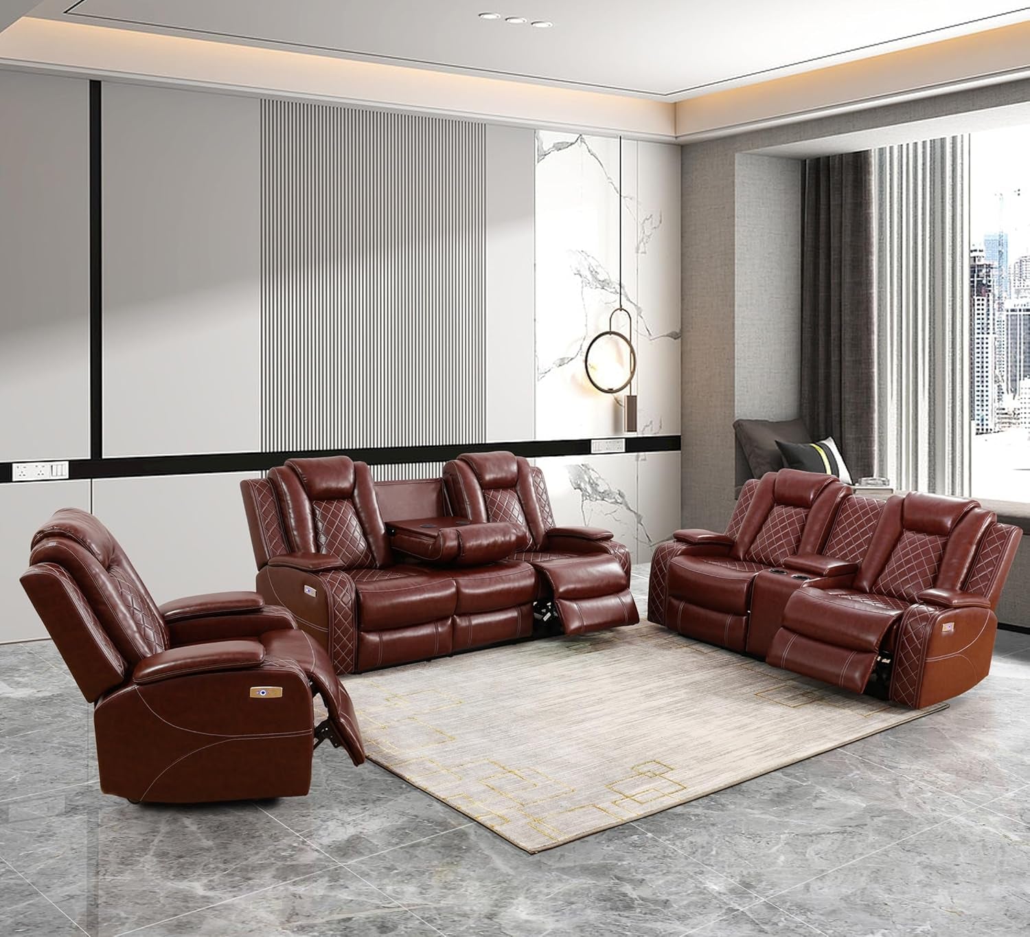 Power Recliner Sofa Set with LED, Leather Reclining Sofa Set, Living Room Furniture Set with USB Charging (3 Pieces Leather Couch Set, Garnet)-0