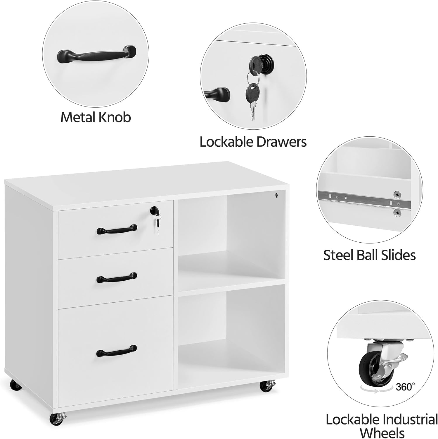 3-Drawer File Cabinet, Mobile Lateral Filing Cabinet Printer Stand with Open Storage Shelves under Desk Organization for Home Office, White-3