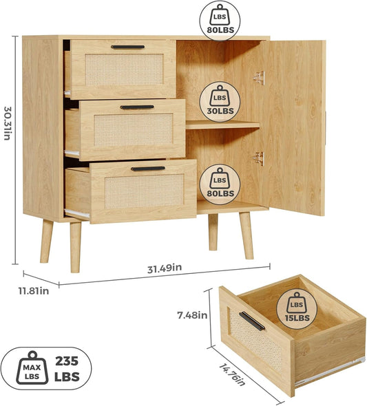 Storage Cabinet, Rattan Sideboard Cabinet with 3 Drawers & Door, Wooden Buffet Cabinet for Living Room, Dining Room, Hallway, Kitchen, Entryway…-1
