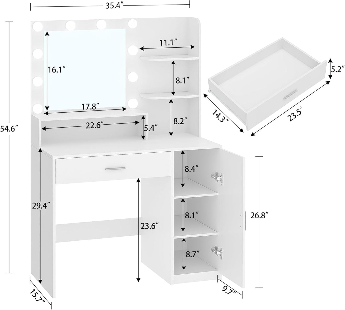 White Vanity Desk Mirror, Lights, Storage, Drawers, Shelves-2