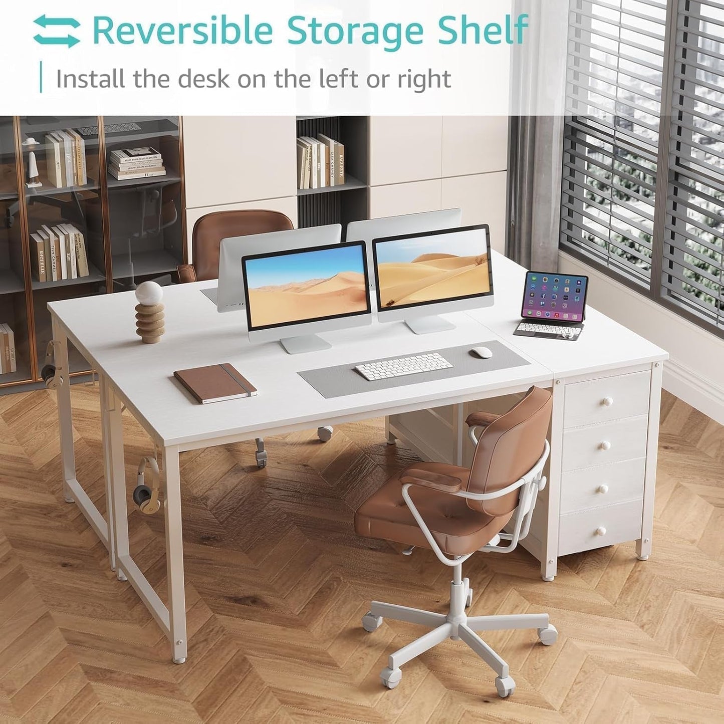 55" White Computer Desk with Fabric Drawer-3